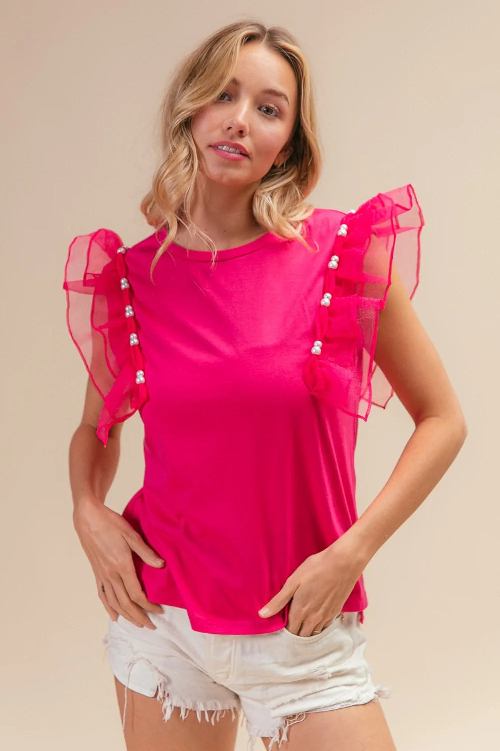 Bibi Pearl Decor Mesh Ruffle Sleeve Top