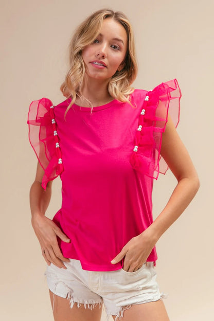 Bibi Pearl Decor Mesh Ruffle Sleeve Top