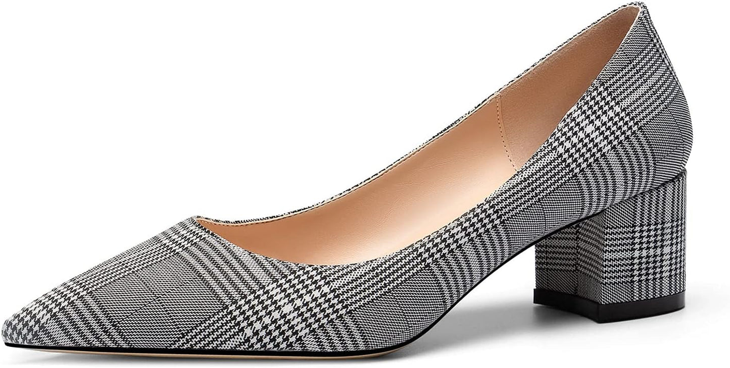 Women'S Chunky Heels Slip-On Pumps Comfortable Leather Mid Heel Pointed Toe Block Office Classic Shoes 5 CM Heel
