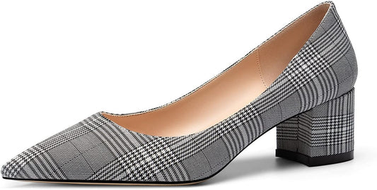 Women'S Chunky Heels Slip-On Pumps Comfortable Leather Mid Heel Pointed Toe Block Office Classic Shoes 5 CM Heel