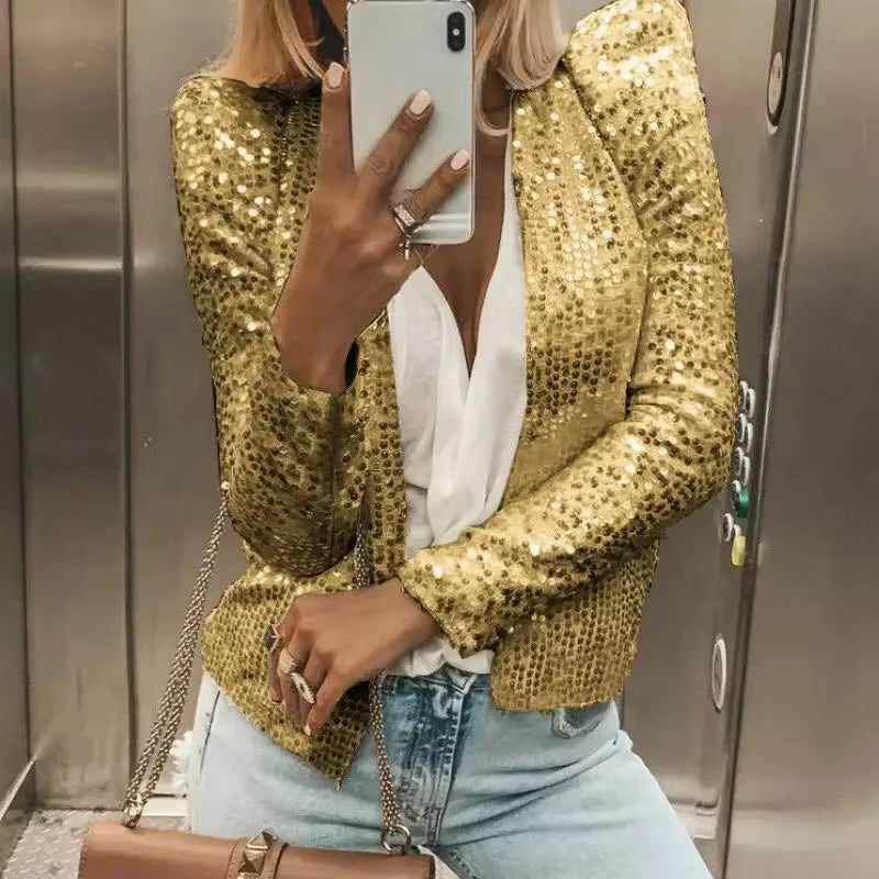 Women Sequin Jackets Glitter Long Sleeve Short Coats Streetwear Elegant Solid Female Tops Female Ladies Office Wear Streetwear