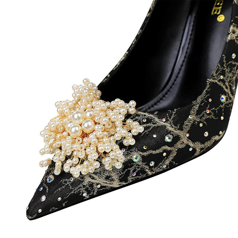 Shoes Pearl Flowers Woman Pumps Rhinestone High Heels 2025 New Luxurious Women Heels Stiletto Large Size Ladies Pumps