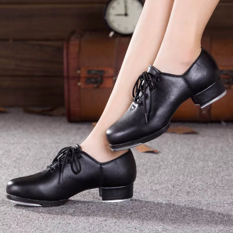 Genuine Leather Adult Tap Dance Shoes Men Women Kicked Shoes Sports Leather Soft Bottom High-Impact Aluminum Plate Black Shoe