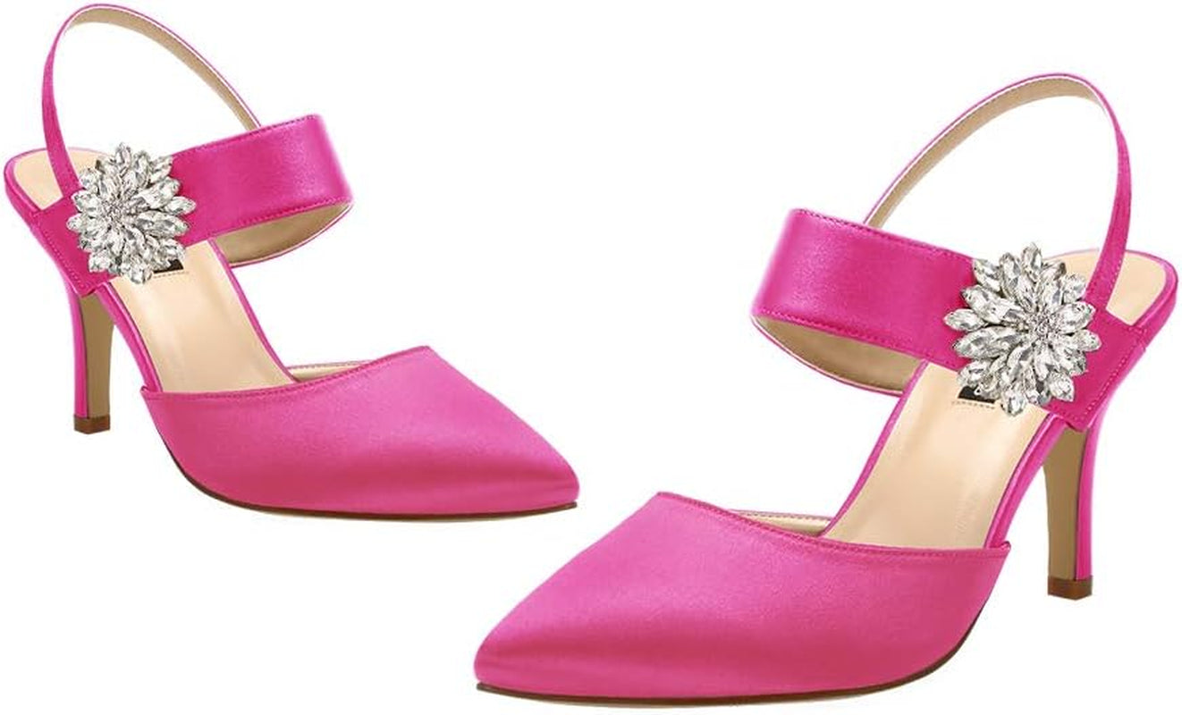 Mid Heel Shoes for Women Pointed Toe Slingback Rhinestone Brooch Satin Dress Pumps Evening Prom Wedding Shoes