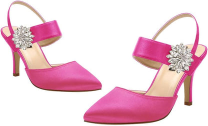 Mid Heel Shoes for Women Pointed Toe Slingback Rhinestone Brooch Satin Dress Pumps Evening Prom Wedding Shoes