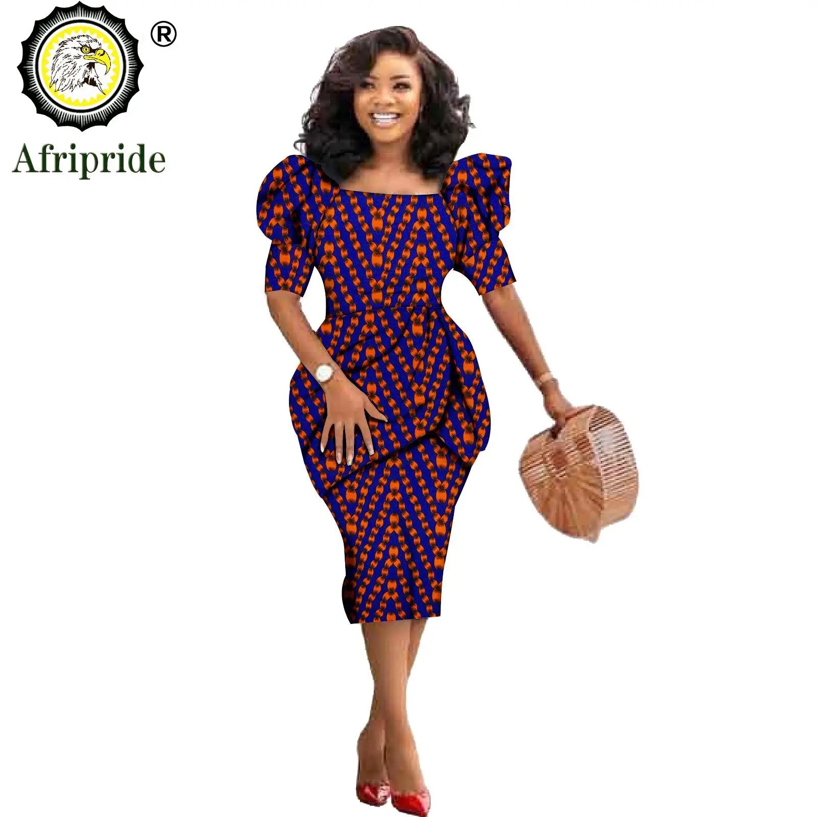 African Ankara Dresses for Women Dashiki Dress Bodycon Dress Print Wax Batik Short Sleeve Party Midi Dress for Lady S2025060