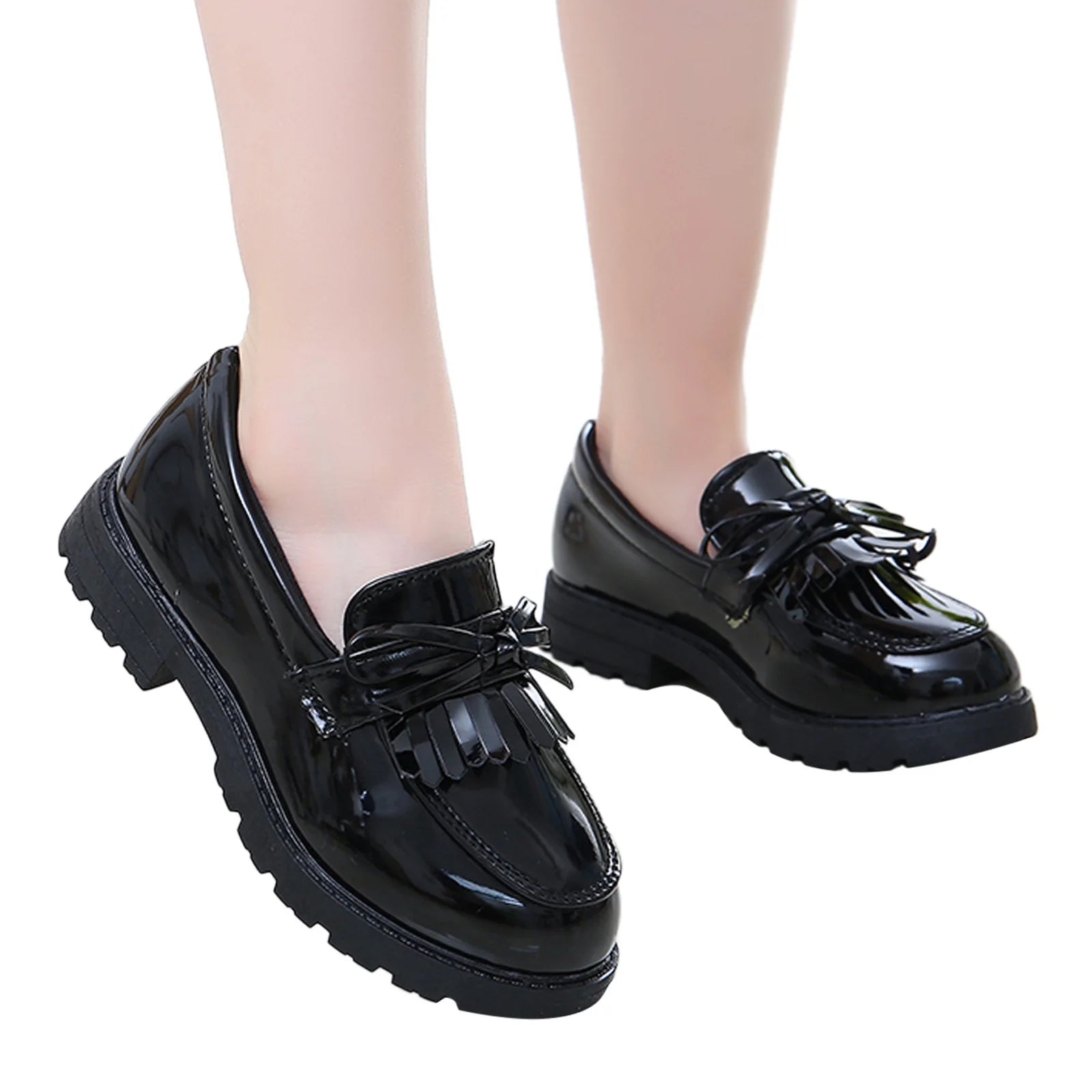 Kids Girls Slip on Leather Loafer Tassel Bow Flat School Dress Shoes for Girls Black Children Casual Small Leather Shoes Indoor Outdoor Wear