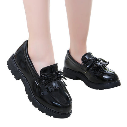 Kids Girls Slip on Leather Loafer Tassel Bow Flat School Dress Shoes for Girls Black Children Casual Small Leather Shoes Indoor Outdoor Wear