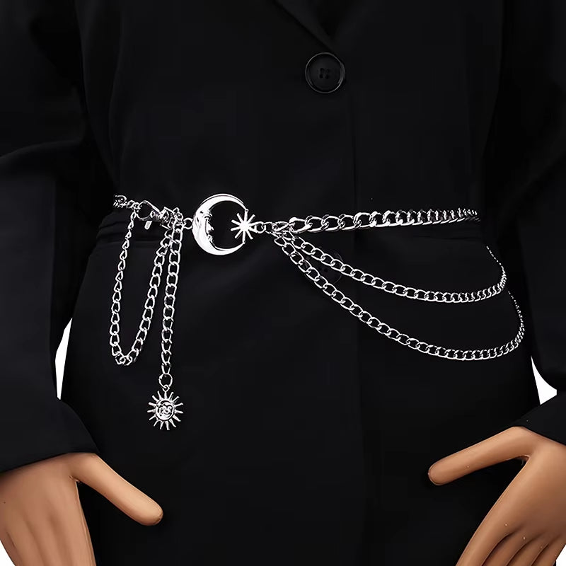 1Pc Women Waist Chain Belt for Dress Skirt Belts with Moon Star Waistbands Gold Silver Ladies Clothing Accessories