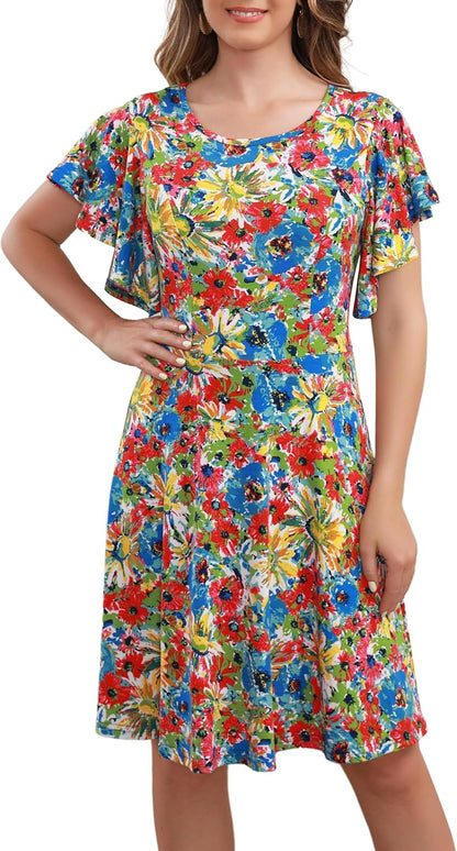 Women'S Flutter Sleeve Cute Fit and Flare Flowy Casual Summer Dress Cocktail Party Wedding Guest
