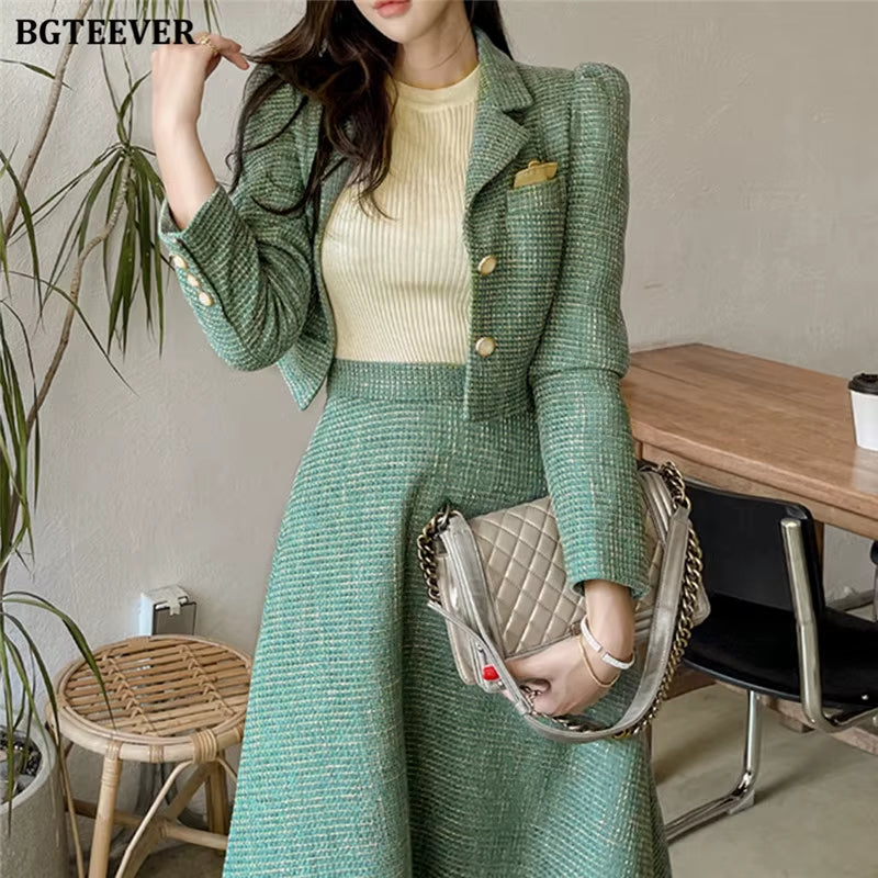 Vintage Ladies 2 Pieces Skirt Suits Short Jackets & High Waist A-Line Midi Skirts 2021 Autumn Elegant Women Suits