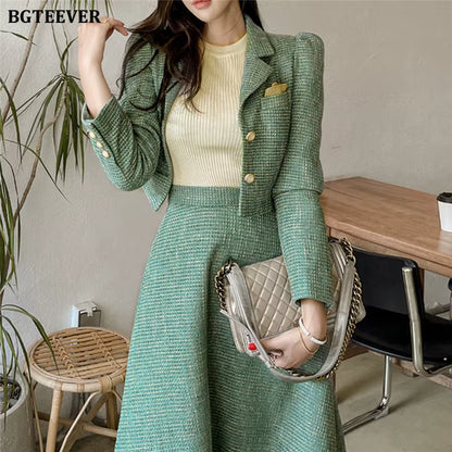 Vintage Ladies 2 Pieces Skirt Suits Short Jackets & High Waist A-Line Midi Skirts 2021 Autumn Elegant Women Suits