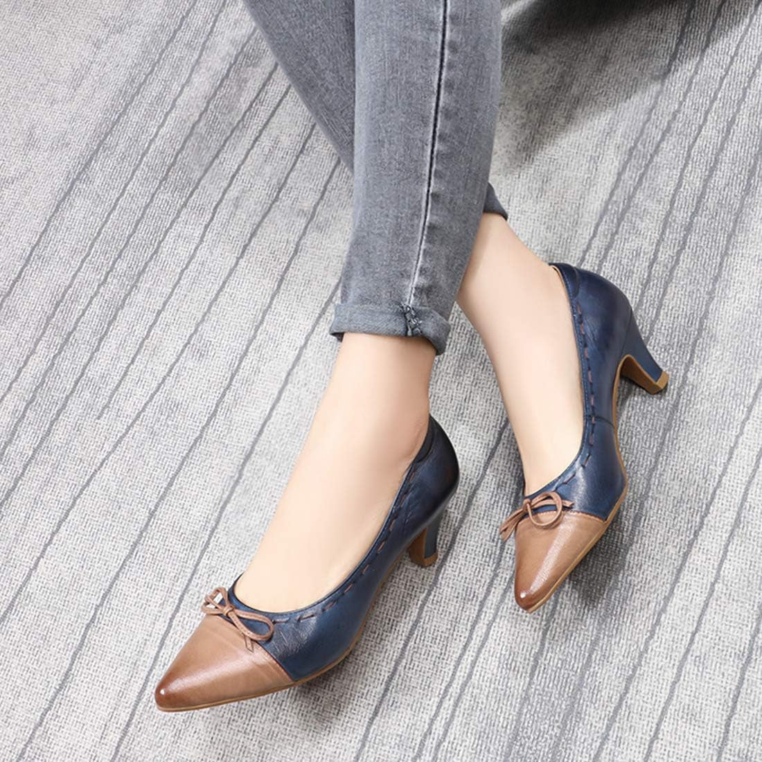 Womens Leather Elegant Pointed Toe Bowknot Pumps Ladies Kitten Heels Dressy Casual Office Work Shoes