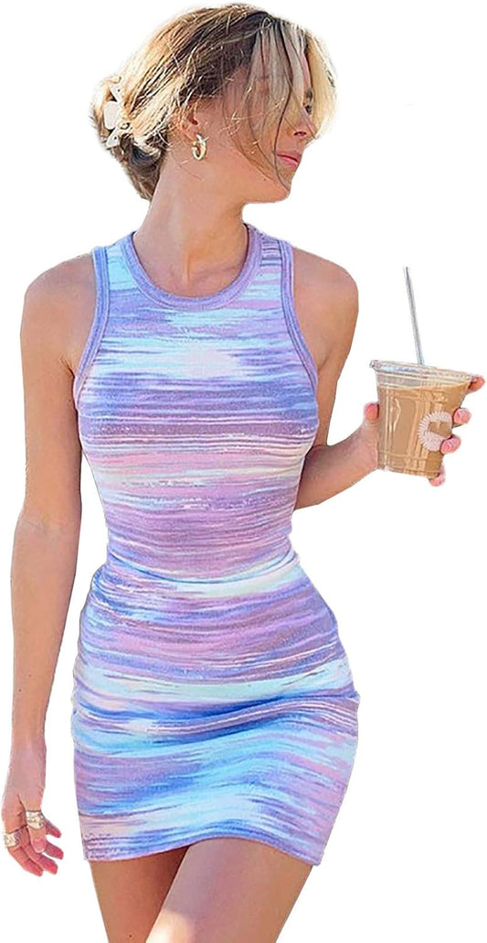 Mini Dress for Women Sleeveless Tie Dye Bodycon Tank Dress round Neck Knitted Dress Purple,Large