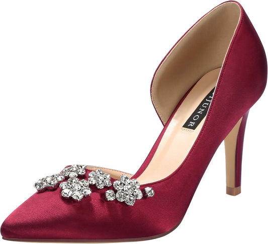 Pointy Toe Mid Heels Pumps Rhinestones Evening Party D’Orsay Satin Shoes for Women