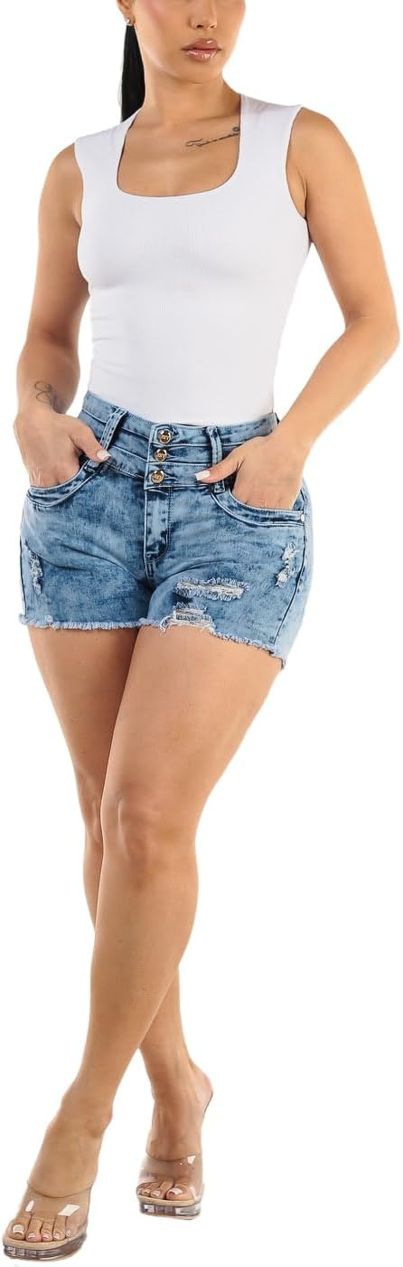 Butt Lifting Denim Shorts for Women - Mid - High Waisted Shorts - Levanta Cola