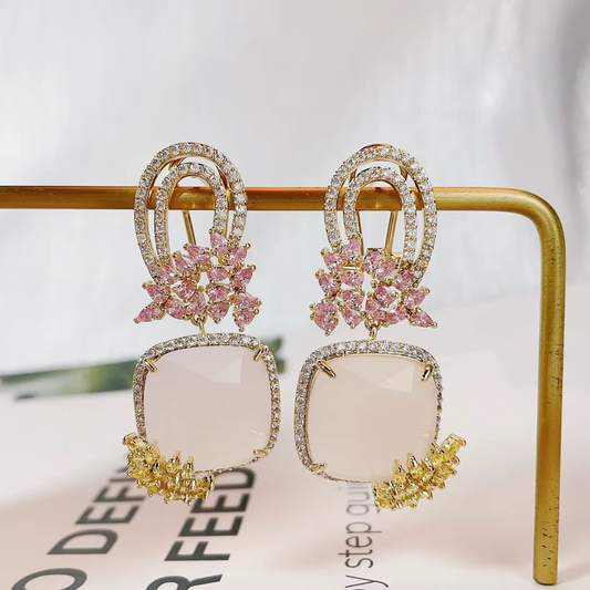 Elegant Flower Shaped Zircon Dangle Earrings for Ladies