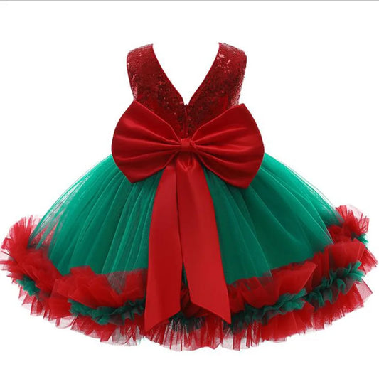 New Years Baby Girls' Christmas Dress Elegant Sequins Big Bow Princess Party Wedding Dresses Lace Tutu Children Kids Clothing