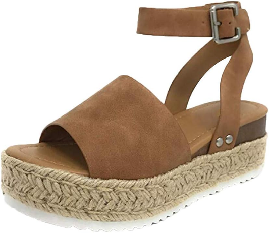 JJLIKER Women Suede Chunky Platform Wedges Sandals Ankle Buckle Strap Espadrille Shoes Summer Fashion Non-Slip Pumps Brown