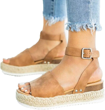 JJLIKER Women Suede Chunky Platform Wedges Sandals Ankle Buckle Strap Espadrille Shoes Summer Fashion Non-Slip Pumps Brown
