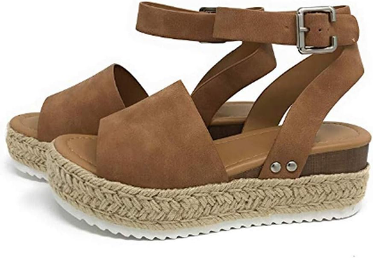 JJLIKER Women Suede Chunky Platform Wedges Sandals Ankle Buckle Strap Espadrille Shoes Summer Fashion Non-Slip Pumps Brown