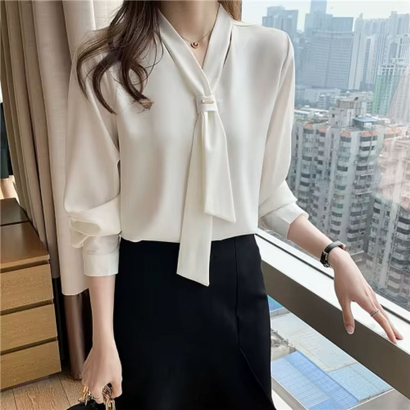 Long Sleeve White Blouse Bow V-Neck Chiffon Blouse Shirt Women Tops Blouse Women Blusas Mujer De Moda 2024Women Blouses E367