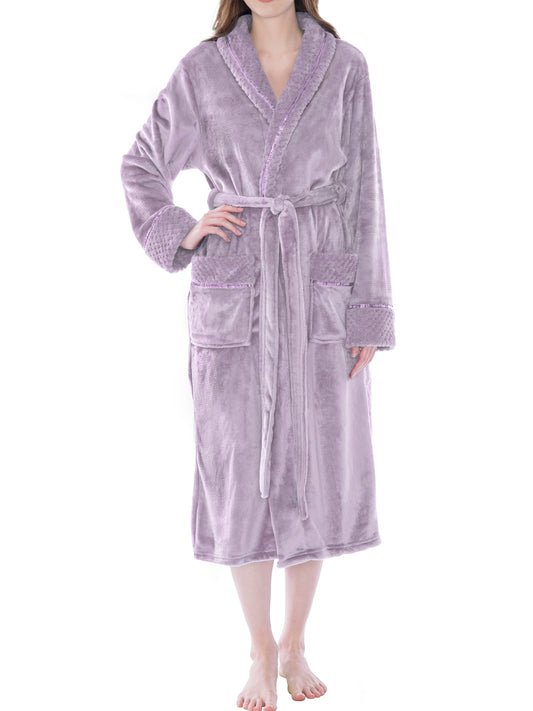 Soft Plush Women Fleece Robe, Lavender Light Purple Cozy Bathrobe, Female Long Spa Robe, Warm Housecoat, Satin Waffle Trim, L/XL