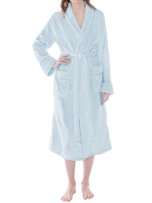 Soft Plush Women Fleece Robe, Light Blue Cozy Bathrobe, Female Long Spa Robe, Warm Housecoat, Satin Waffle Trim, S/M