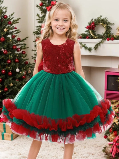 New Years Baby Girls' Christmas Dress Elegant Sequins Big Bow Princess Party Wedding Dresses Lace Tutu Children Kids Clothing