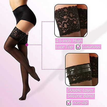Thigh High Stockings with Silicone - 15D Sheer Lace Top Nylon Stay up Pantyhose for Women