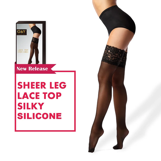 Thigh High Stockings with Silicone - 15D Sheer Lace Top Nylon Stay up Pantyhose for Women
