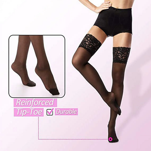 Thigh High Stockings with Silicone - 15D Sheer Lace Top Nylon Stay up Pantyhose for Women