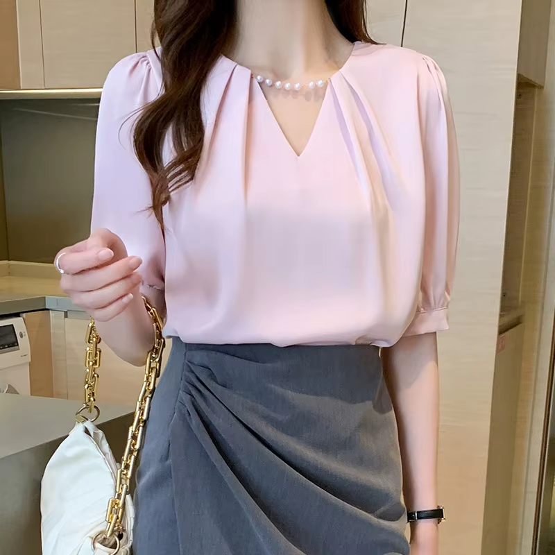 Top Femme Short Sleeve White Blouse Tops Blouse Women Blusas Mujer De Moda 2024 Verano Beading V-Neck Chiffon Blouse Shirt E800