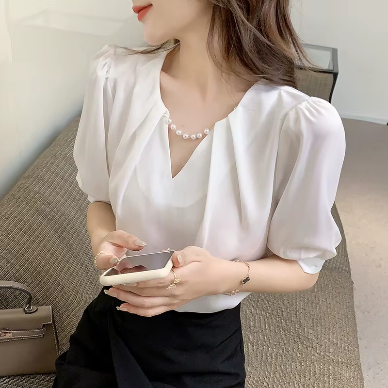 Top Femme Short Sleeve White Blouse Tops Blouse Women Blusas Mujer De Moda 2024 Verano Beading V-Neck Chiffon Blouse Shirt E800