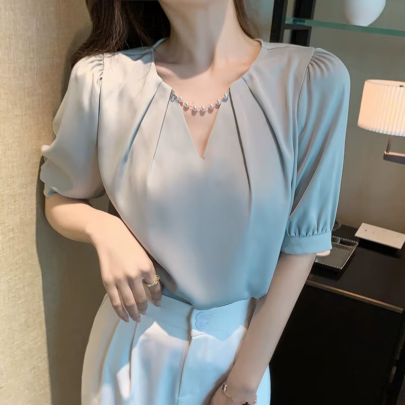 Top Femme Short Sleeve White Blouse Tops Blouse Women Blusas Mujer De Moda 2024 Verano Beading V-Neck Chiffon Blouse Shirt E800