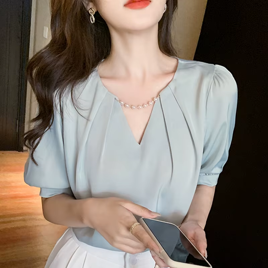 Top Femme Short Sleeve White Blouse Tops Blouse Women Blusas Mujer De Moda 2024 Verano Beading V-Neck Chiffon Blouse Shirt E800