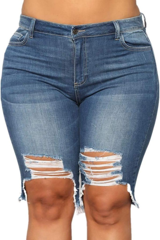 WUAI Ripped Jean Shorts for Women High Waist Bermuda Shorts Ripped Distressed Stretch Denim Shorts plus Size