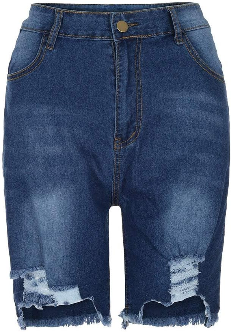 WUAI Ripped Jean Shorts for Women High Waist Bermuda Shorts Ripped Distressed Stretch Denim Shorts plus Size