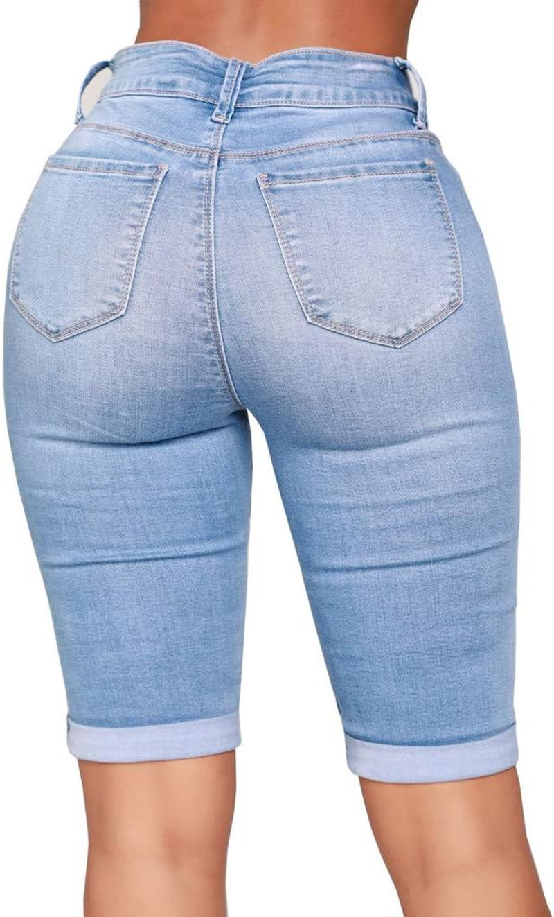 Women Mid Rise Elastic Zip Skinny Denim Knee Length Curvy Stretch Shorts Jeans