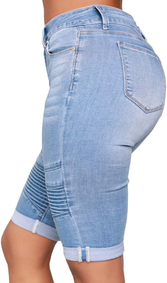 Women Mid Rise Elastic Zip Skinny Denim Knee Length Curvy Stretch Shorts Jeans