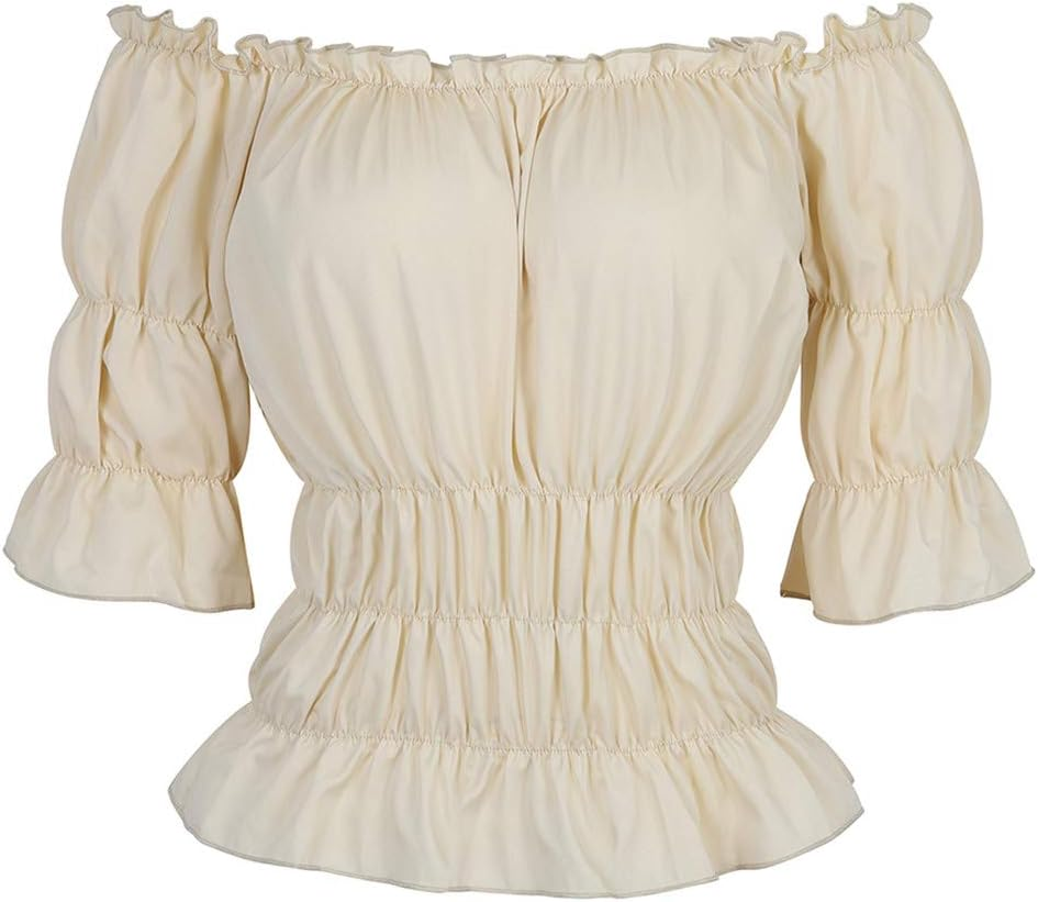 Women Renaissance Blouse Victorian Steampunk Pirate Shirt off Shoulder Short Sleeve Smocked Blouse Tops
