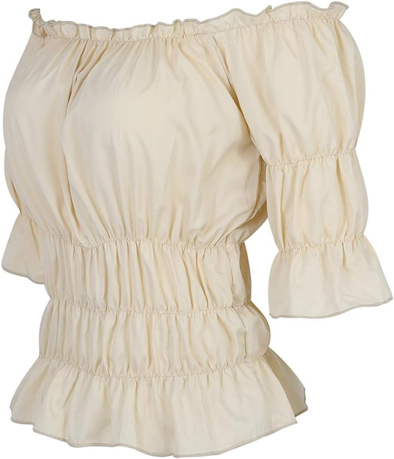 Women Renaissance Blouse Victorian Steampunk Pirate Shirt off Shoulder Short Sleeve Smocked Blouse Tops