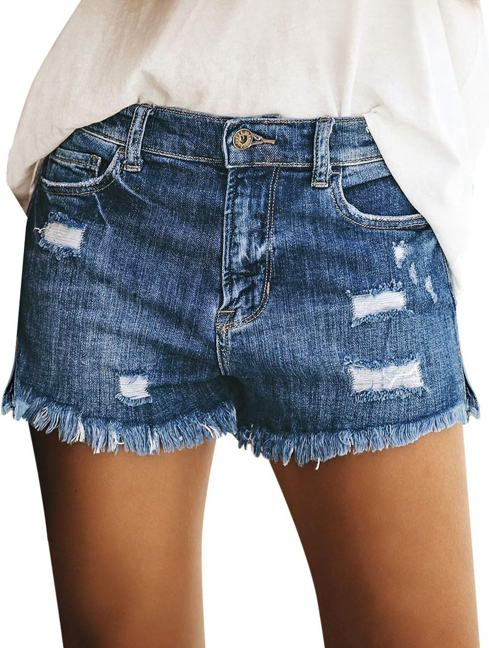 Women'S Casual Mid Rise Denim Shorts Stretch Ripped Raw Hem Jean Shorts