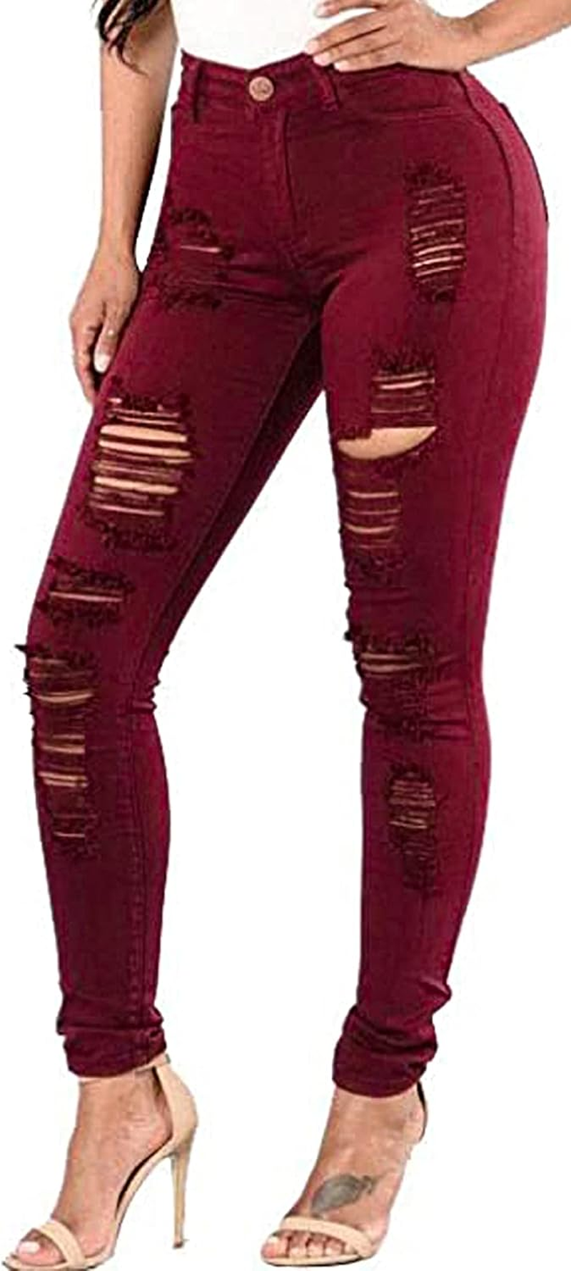 Women'S Skinny Stretch Jeans Frayed Raw Hem Slim Fit Jeans Ripped Denim Pants