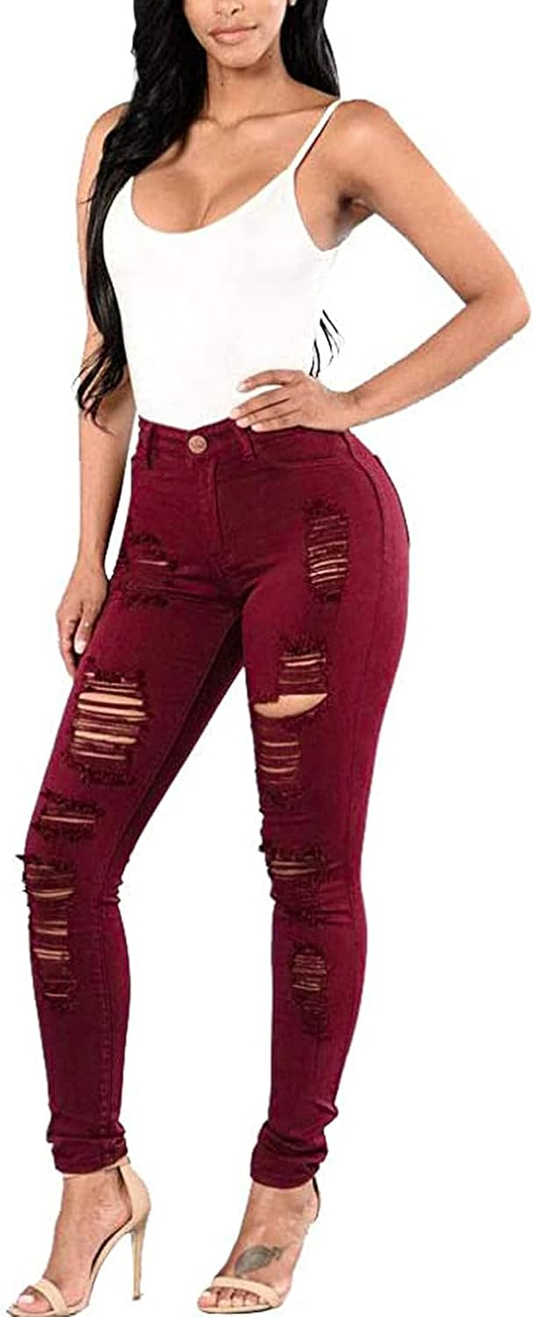 Women'S Skinny Stretch Jeans Frayed Raw Hem Slim Fit Jeans Ripped Denim Pants