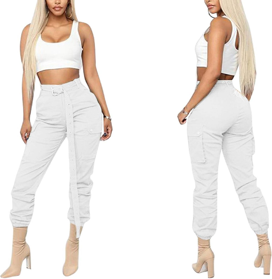 Womens Cargo Pants with Pockets Loose Fit Solid Color High Waisted Outdoor Workout Sweat Pants