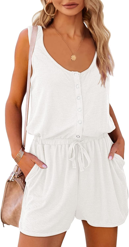 Womens Summer Scoop Neck Button down Sleeveless Jumpsuit Rompers Adjustable Waist Short with Pockets