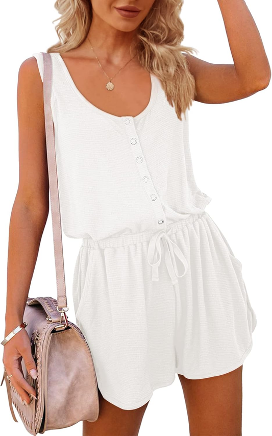 Womens Summer Scoop Neck Button down Sleeveless Jumpsuit Rompers Adjustable Waist Short with Pockets