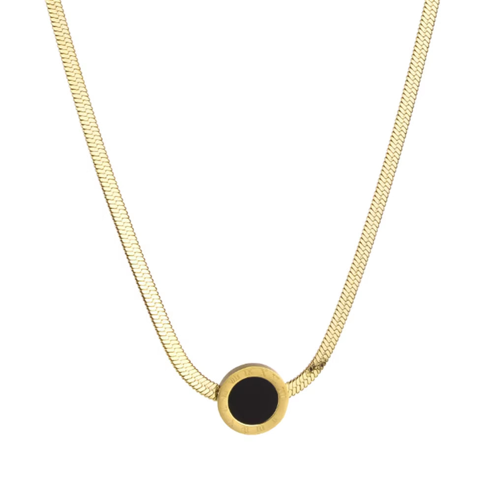 Stainless Steel Jewelry Set Snake Chain Necklace & Roman Numeral - Inscribed Earrings with Black Inlays