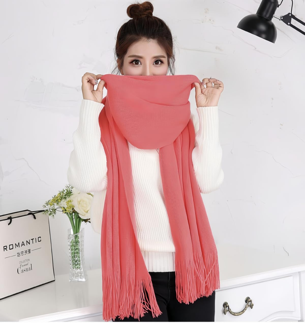 Women'S Warm Long Scarves Winter Scarfs Pure Color Scarf Tassel